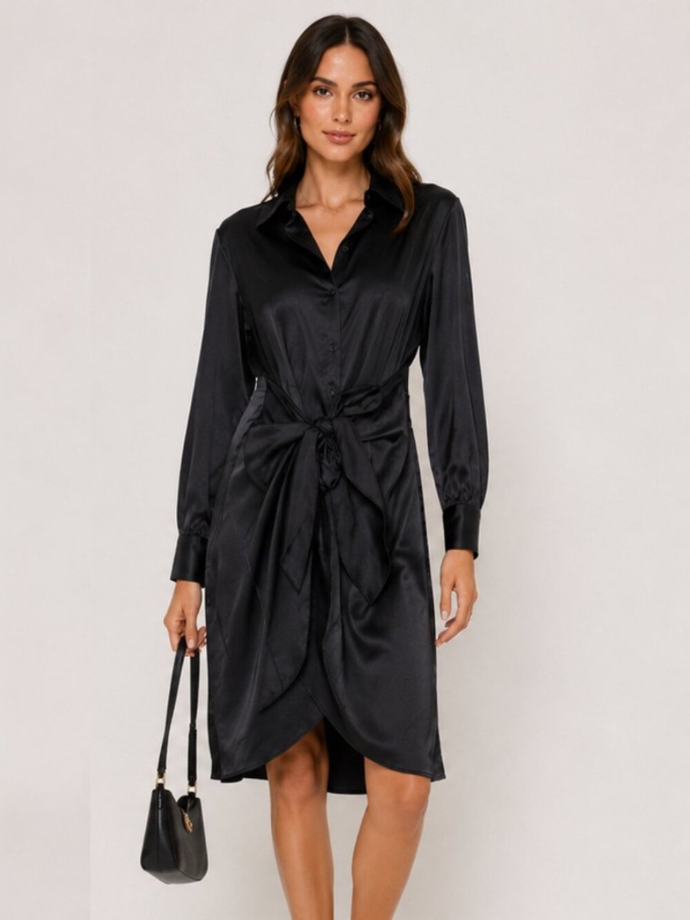 BR Factory Black Satin Front Tie Midi Shirt Dress